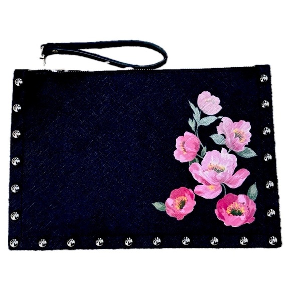 WHBM Large Black & Pink Floral Wristlet Clutch Pouch Purse Bag NWOT Beautiful! - Picture 1 of 2